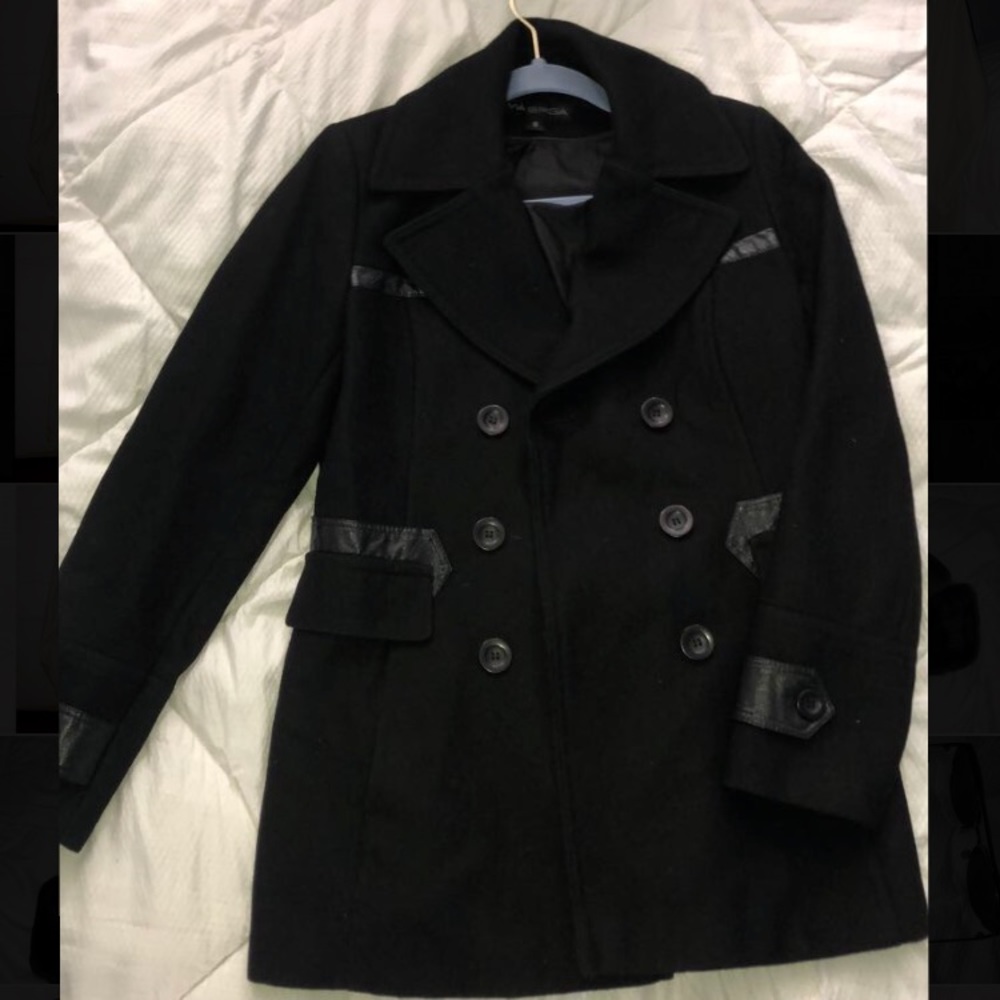 Black Pea Coat with leather accents